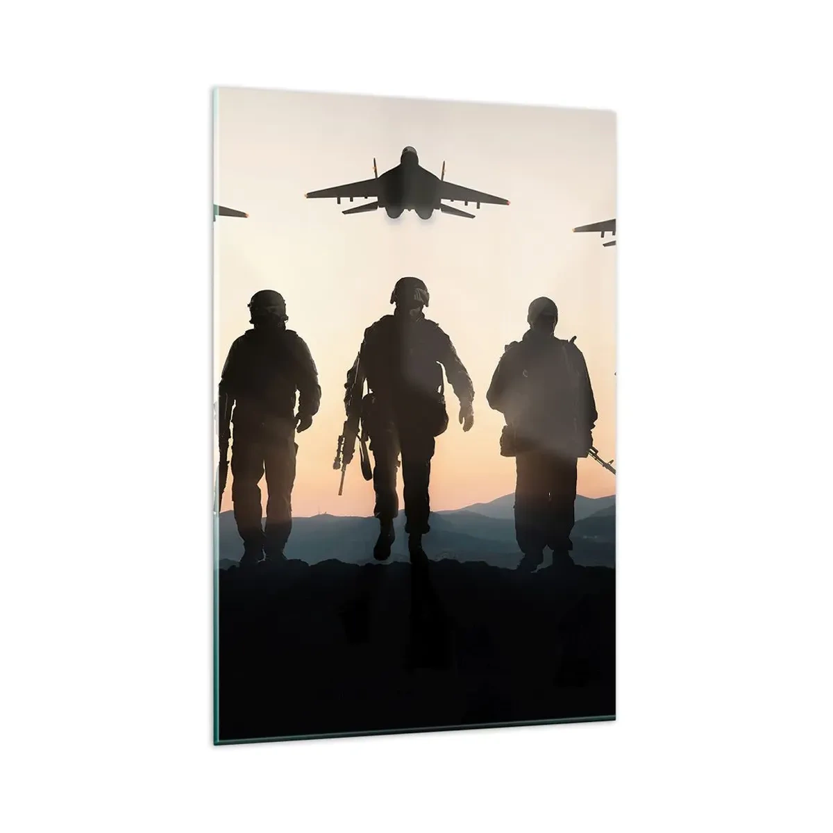 Glasbild - Bild auf glas - Silhouetten von Soldaten und Kampfjets vor dem Hintergrund des Sonnenuntergangs - 80x120cm - Willkommen in unserer Welt - Moderne Wanddekoration für Wohnzimmer und Schlafzimmer ARTTOR