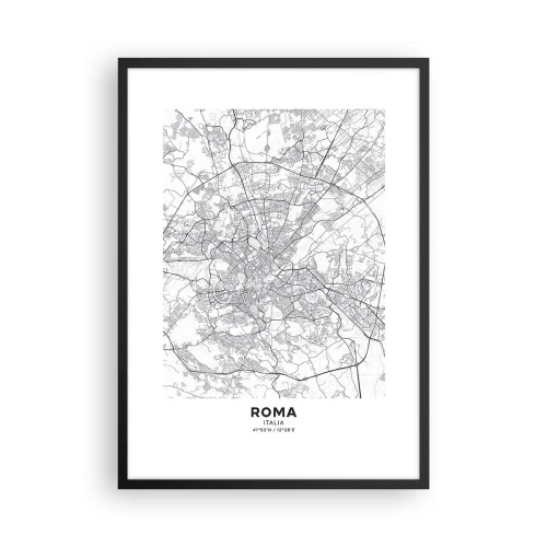 Poster in einem schwarzem Rahmen - Schwarz-weiße Karte von Rom mit detaillierten Straßen und Denkmälern - 50x70cm - Römischer Kreis - Moderne Wanddekoration für Wohnzimmer und Schlafzimmer ARTTOR
