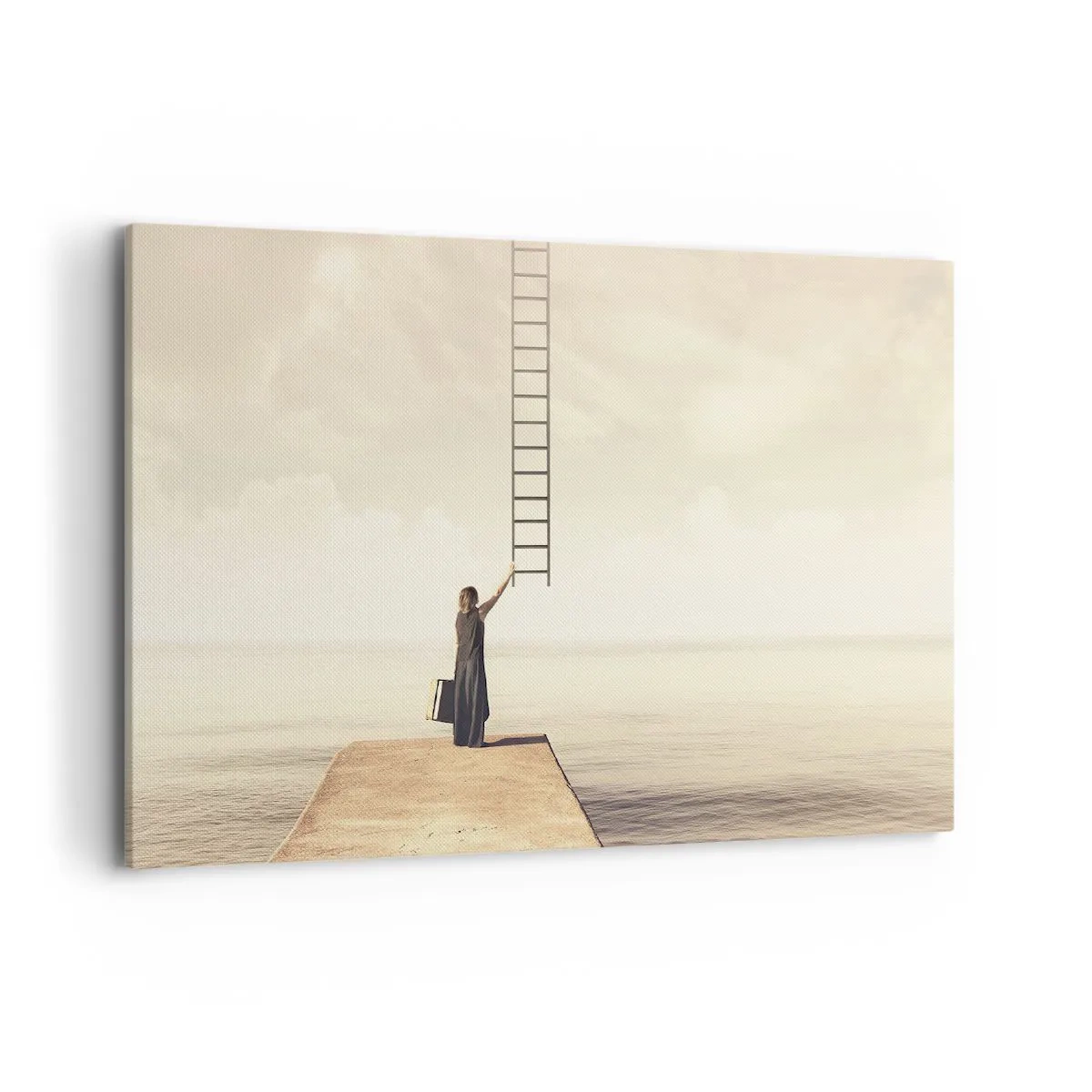 Bild auf Leinwand - Leinwandbild - Eine Frau steht auf einem Pier mit einer Leiter, die in den Himmel führt - 100x70cm - Eine magische Reise - Moderne Wanddekoration für Wohnzimmer und Schlafzimmer ARTTOR