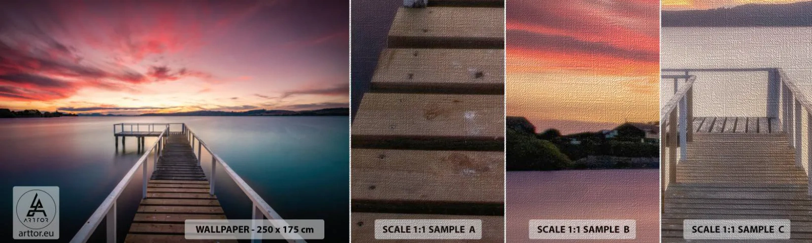 Fototapeten Muster Premium Canvas - Die sanfte Flamme des Abends - Landschaft, Sonnenuntergang, Holzsteg - 100x30 cm