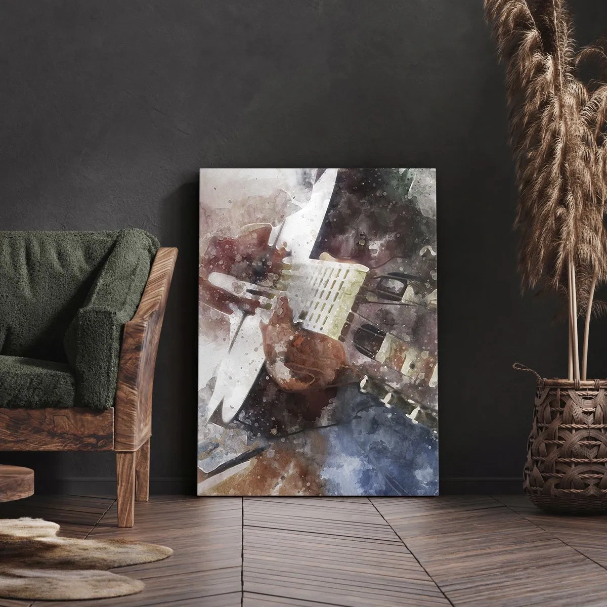 Bild auf Leinwand - Leinwandbild - Eine künstlerische Interpretation einer Gitarre im Aquarellstil - 50x70cm - Und was halten Sie davon? - Moderne Wanddekoration für Wohnzimmer und Schlafzimmer ARTTOR
