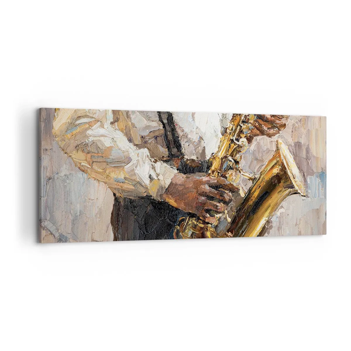 Bild auf Leinwand - Leinwandbild - Ein Musiker, der Saxophon in einem künstlerischen Stil spielt - 120x50cm - Zeit fürs Solo - Moderne Wanddekoration für Wohnzimmer und Schlafzimmer ARTTOR