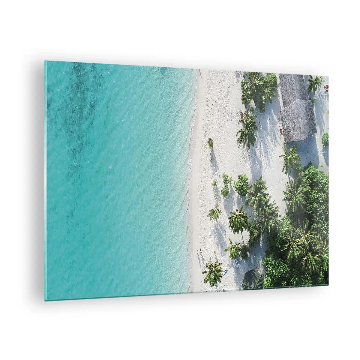 Glasbild - Bild auf glas - Eine Vogelperspektive auf einen tropischen Strand mit Palmen und türkisfarbenem Meer - 70x50cm - Urlaub im Paradies - Moderne Wanddekoration für Wohnzimmer und Schlafzimmer ARTTOR