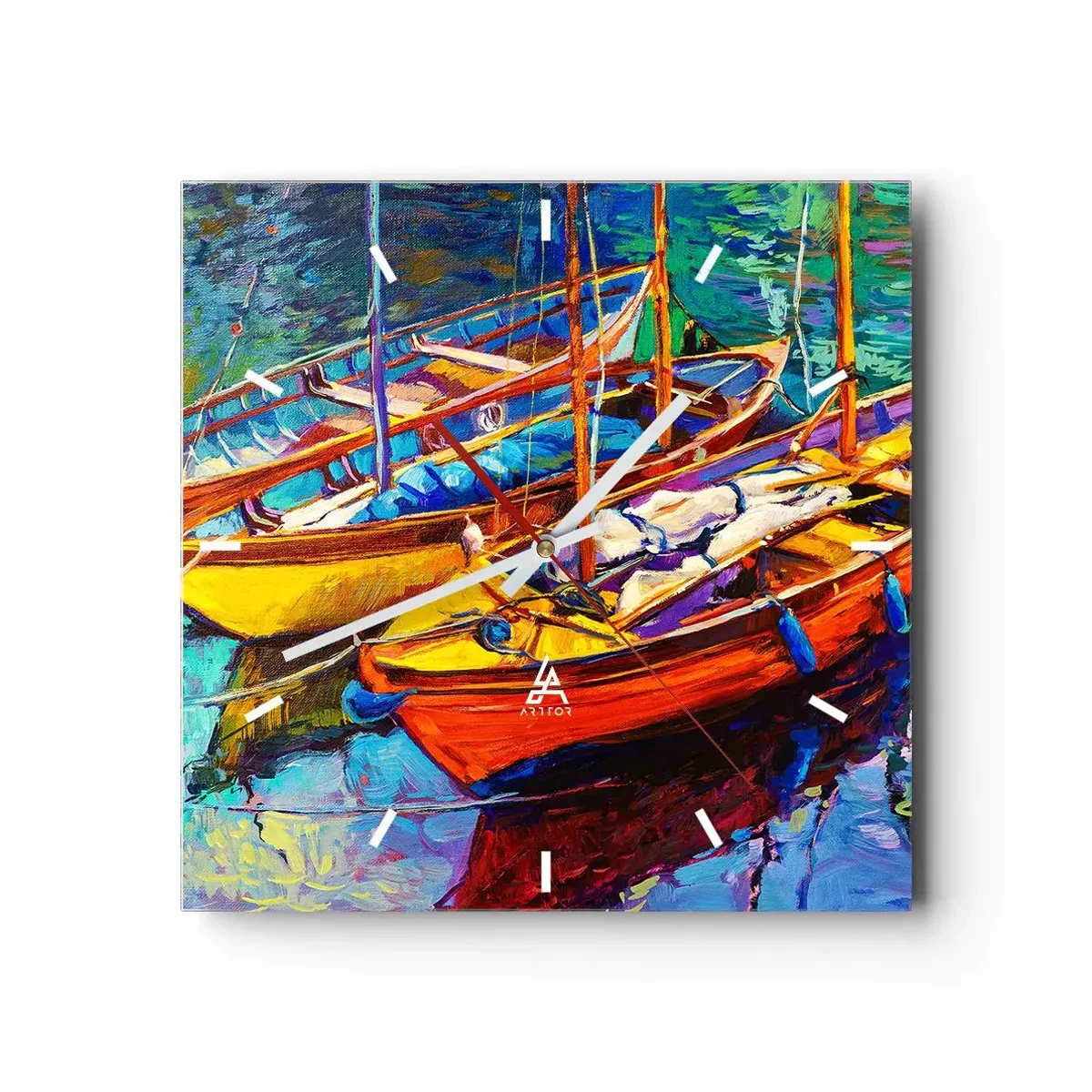 Wanduhr - Glasuhr - Bunte Boote auf ruhigem Wasser - 30x30cm - Auf Wasser dick mit Farben - Moderne Wanddekoration für Wohnzimmer und Schlafzimmer ARTTOR