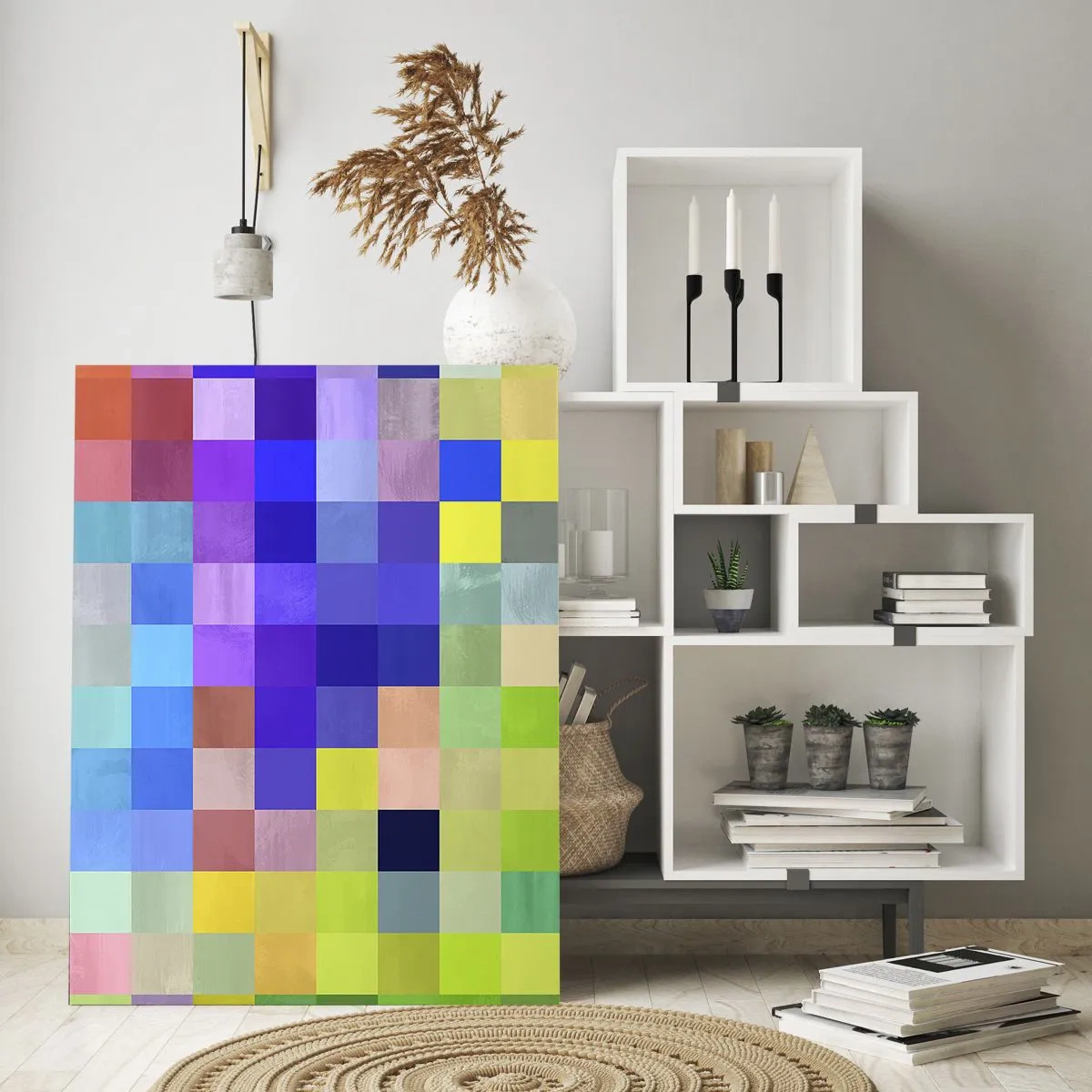 Glasbild - Bild auf glas - Bunte geometrische Blöcke in hellen und lebendigen Farbtönen - 50x70cm - Alle anderen, alle gleich - Moderne Wanddekoration für Wohnzimmer und Schlafzimmer ARTTOR