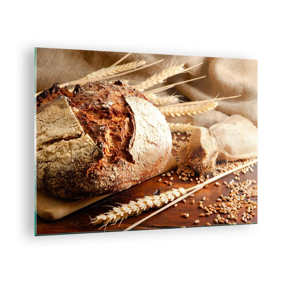 Glasbild - Bild auf glas - Brot auf einem Brett mit Weizenähren und Getreidesäcken - 70x50cm - Appetitanregend, duftend, knackig - Moderne Wanddekoration für Wohnzimmer und Schlafzimmer ARTTOR
