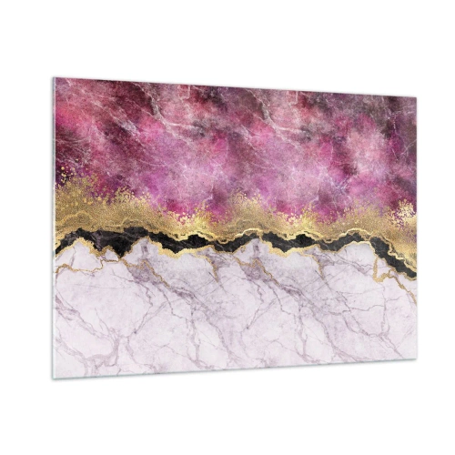 Glasbild - Bild auf glas - Abstrakte Marmorkomposition mit goldenen und violetten Akzenten - 100x70cm - An der Grenze - Moderne Wanddekoration für Wohnzimmer und Schlafzimmer ARTTOR