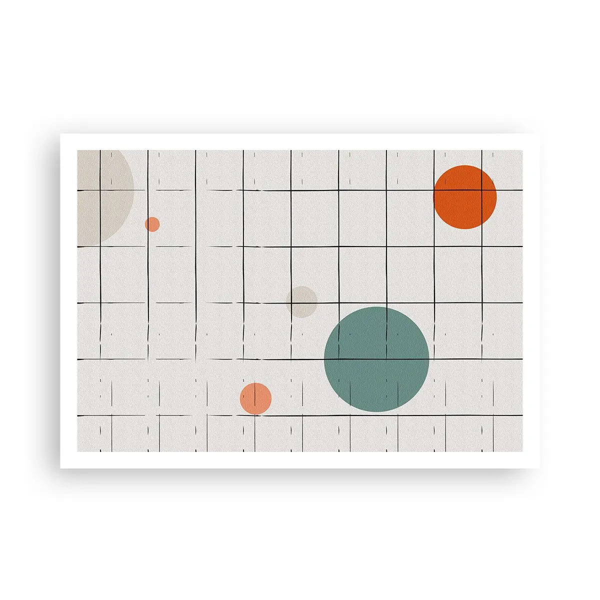 Poster - Abstrakte farbige Kreise auf einem geometrischen Gitterhintergrund - 100x70cm - Gefangen. Wir oder sie? - Moderne Wanddekoration für Wohnzimmer und Schlafzimmer ARTTOR