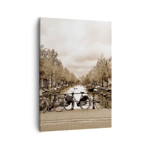 Bild auf Leinwand - Leinwandbild - Fahrradbrücke über den Kanal in Sepia - 50x70cm - Niederländische Atmosphäre - Moderne Wanddekoration für Wohnzimmer und Schlafzimmer ARTTOR