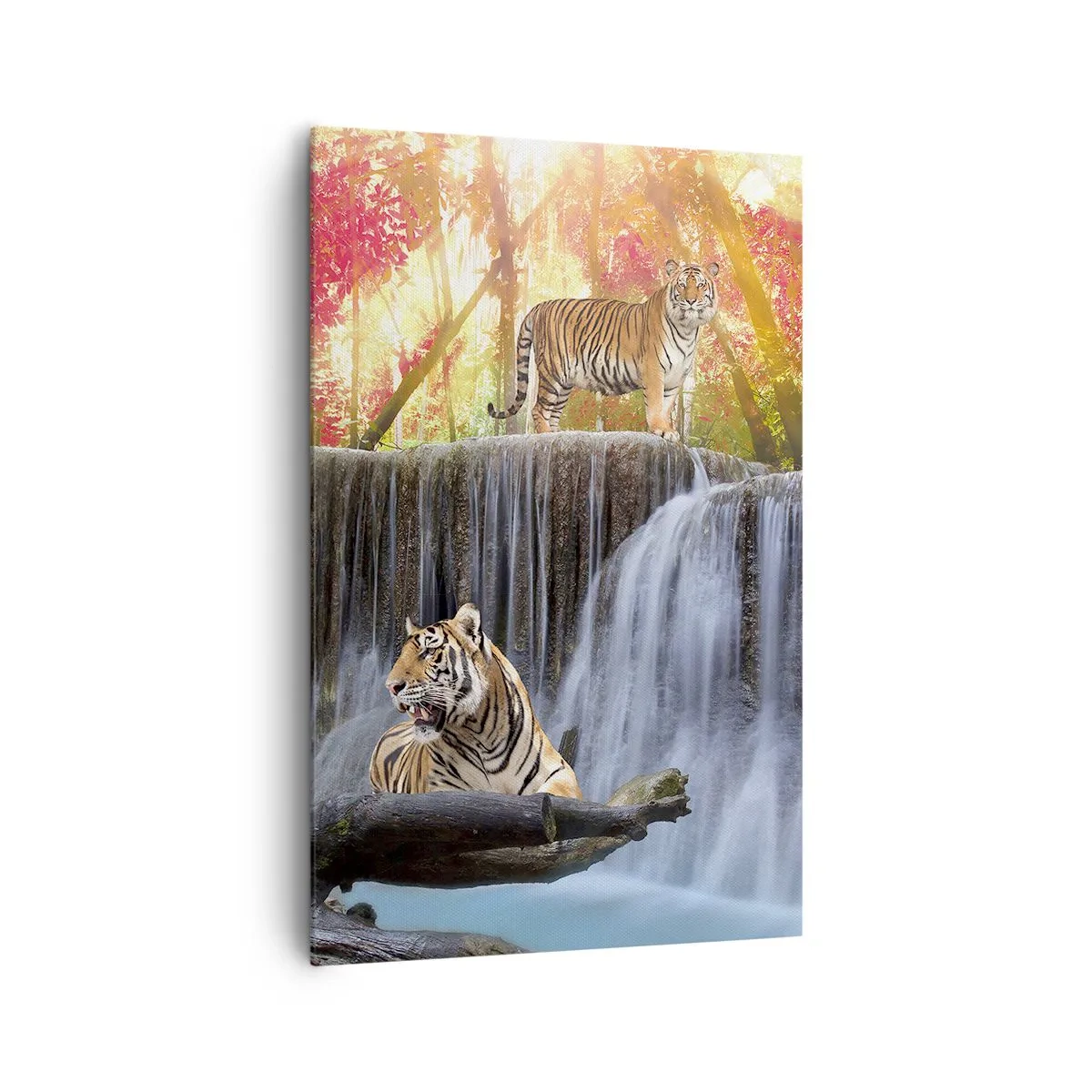 Bild auf Leinwand - Leinwandbild - Tiger an einem Wasserfall im Herbstwald - 80x120cm - Surreale Landschaft - Moderne Wanddekoration für Wohnzimmer und Schlafzimmer ARTTOR