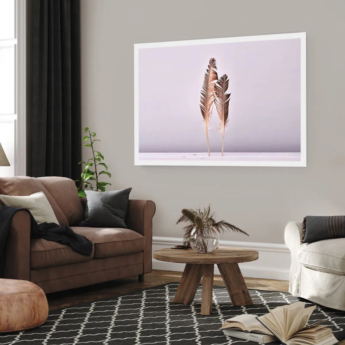 Poster - Zarte Federn auf hellem Untergrund im minimalistischen Stil - 100x70cm - Gegen das Nichts - Moderne Wanddekoration für Wohnzimmer und Schlafzimmer ARTTOR