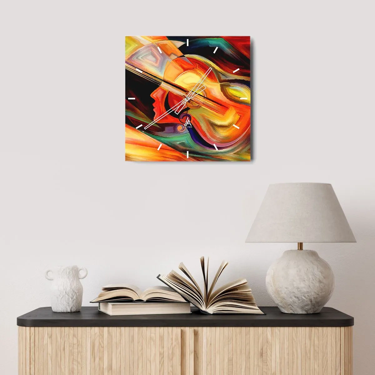 Wanduhr - Glasuhr - Bunte Abstraktion, inspiriert von Musik und Gitarre - 30x30cm - Alles ist gut - Moderne Wanddekoration für Wohnzimmer und Schlafzimmer ARTTOR