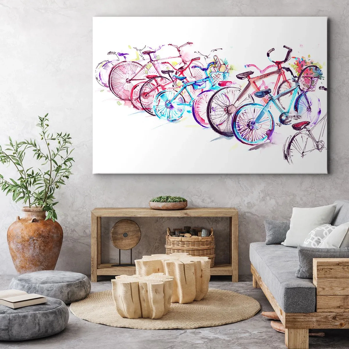 Bild auf Leinwand - Leinwandbild - Bunte Fahrräder im künstlerischen Aquarell-Stil - 120x80cm - Kongress des Antimoto-Clubs - Moderne Wanddekoration für Wohnzimmer und Schlafzimmer ARTTOR