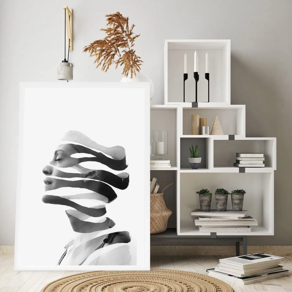 Poster - Schwarz-Weiß-Porträt einer Frau im minimalistischen Stil - 50x70cm - Surreales Porträt - Moderne Wanddekoration für Wohnzimmer und Schlafzimmer ARTTOR
