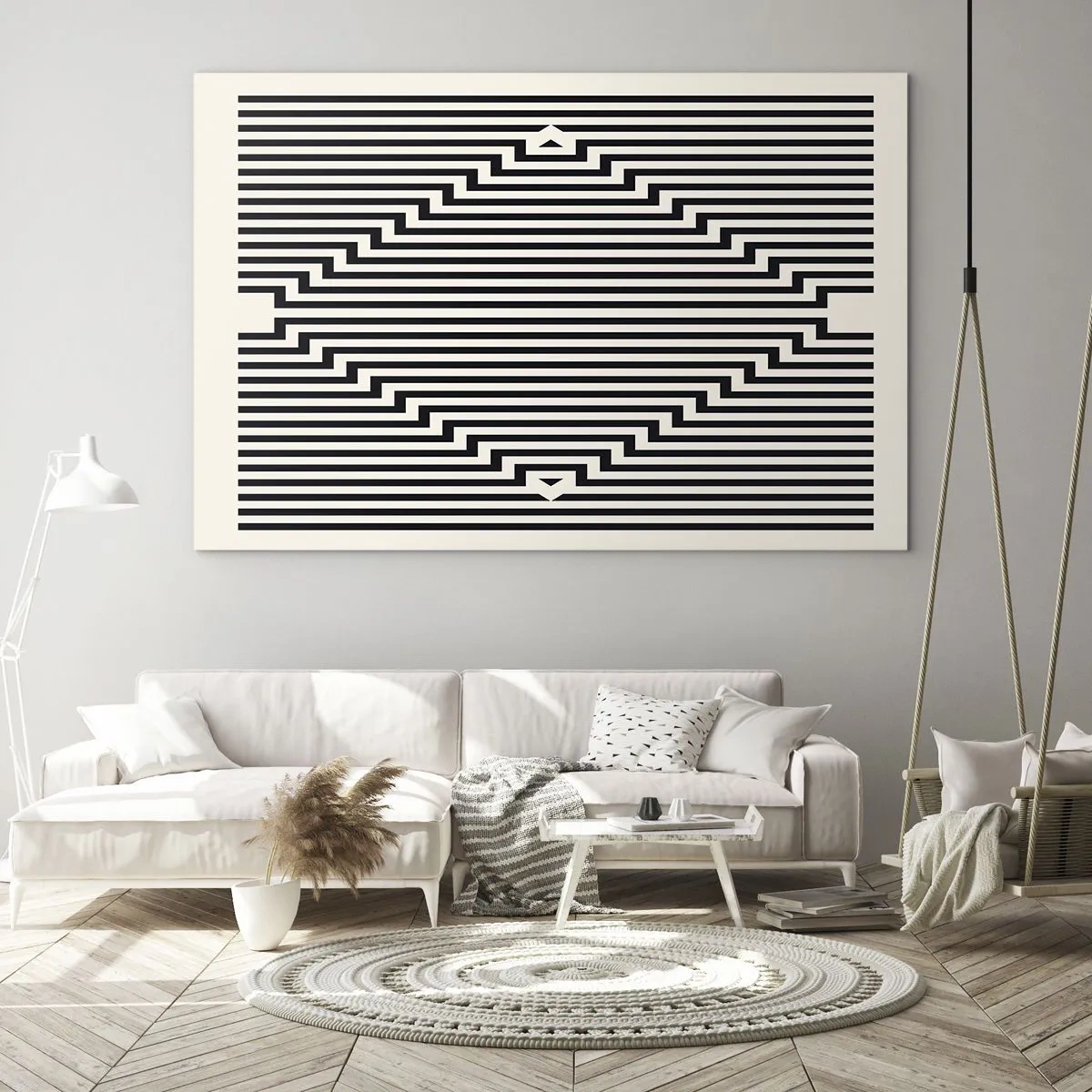 Glasbild - Bild auf glas - Ein faszinierendes Muster aus schwarzen und weißen Linien, das eine Illusion erzeugt - 70x50cm - Geometrische Illusion - Moderne Wanddekoration für Wohnzimmer und Schlafzimmer ARTTOR