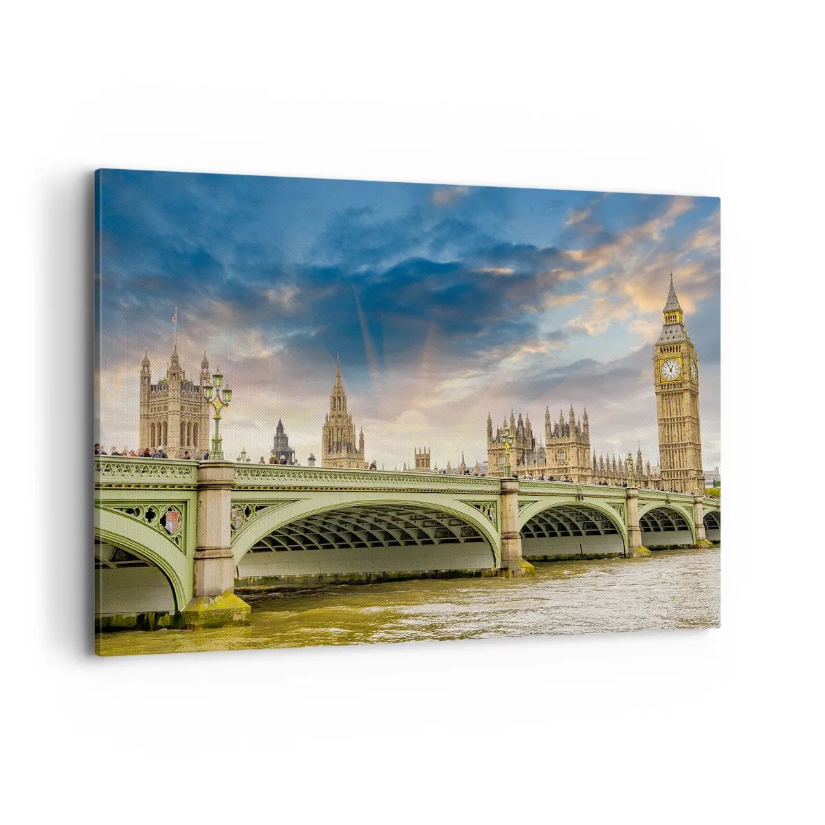 Bild auf Leinwand - Leinwandbild - Big Ben und Westminster Bridge gegen den Himmel in der Abenddämmerung - 100x70cm - Im Imperium ist die Zeit stehen geblieben - Moderne Wanddekoration für Wohnzimmer und Schlafzimmer ARTTOR