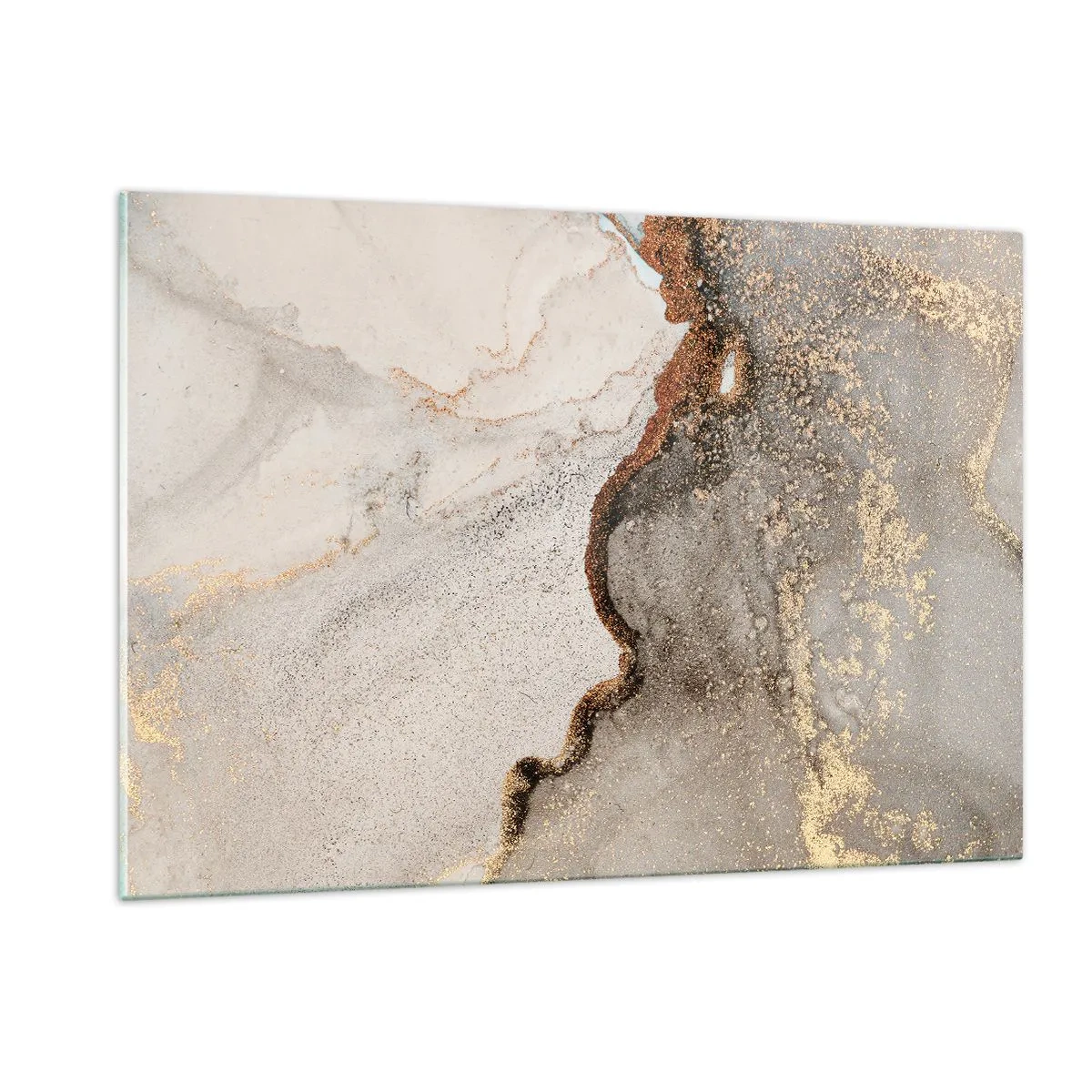 Glasbild - Bild auf glas - Abstrakte Komposition mit Beige, Gold und Graphit - 120x80cm - An der Grenze der Farben - Moderne Wanddekoration für Wohnzimmer und Schlafzimmer ARTTOR