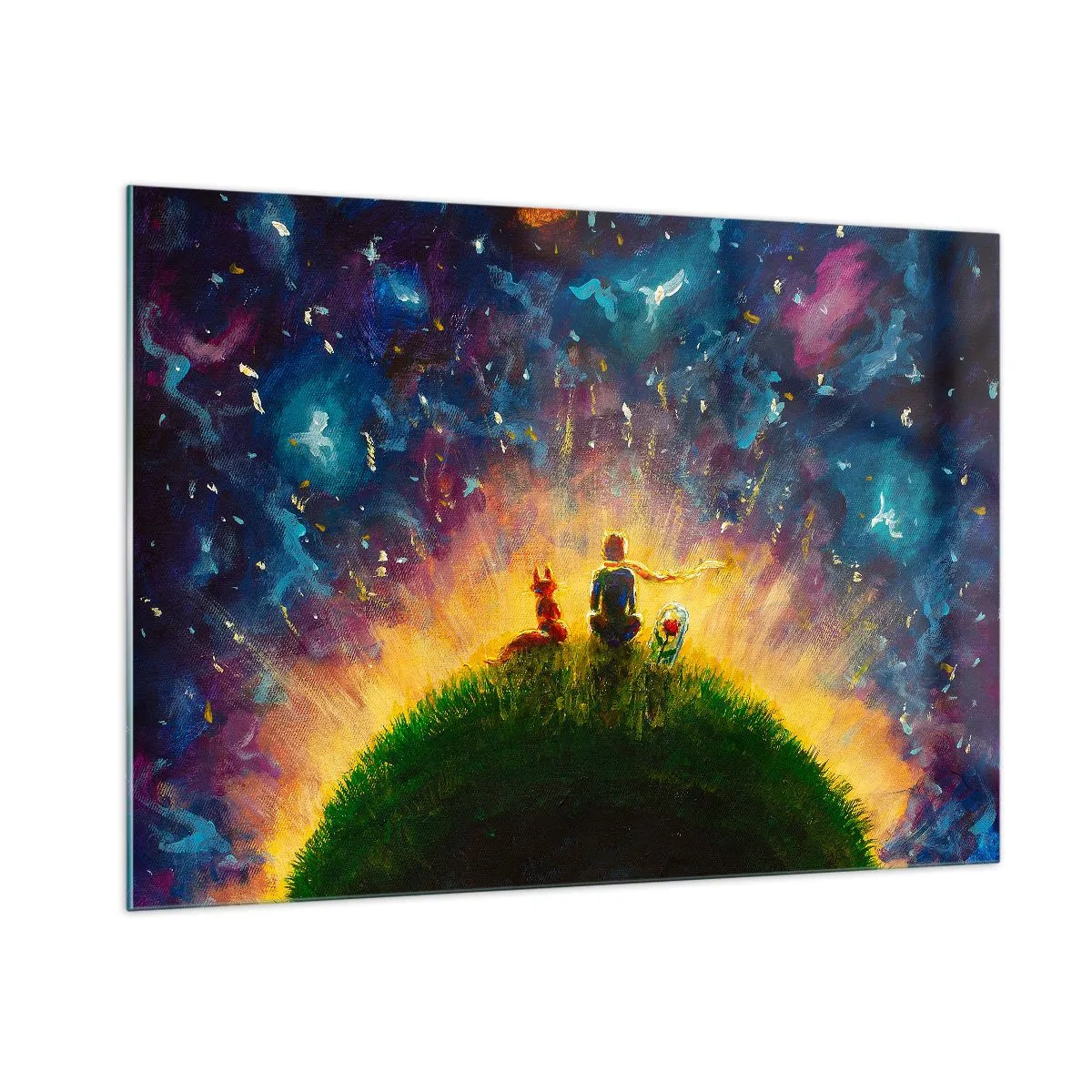 Glasbild - Bild auf glas - Eine Figur mit einem Fuchs auf einem Planeten unter einem Sternenhimmel - 100x70cm - Liebe und Freundschaft - die ganze Welt - Moderne Wanddekoration für Wohnzimmer und Schlafzimmer ARTTOR