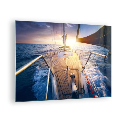 Glasbild - Bild auf glas - Das Deck eines Segelbootes vor der Kulisse der untergehenden Sonne und der Meereswellen - 70x50cm - Laufen unter den Wellen - Moderne Wanddekoration für Wohnzimmer und Schlafzimmer ARTTOR
