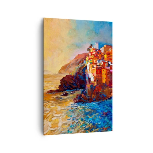 Bild auf Leinwand - Leinwandbild - Bunte Häuser auf einer Klippe über dem Meer - 80x120cm - Italienische Atmosphäre - Moderne Wanddekoration für Wohnzimmer und Schlafzimmer ARTTOR