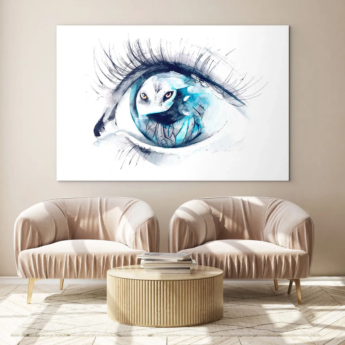Glasbild - Bild auf glas - Ein Frauenauge mit Eulenmotiv im Aquarellstil - 120x80cm - Auge in Auge mit Wildheit - Moderne Wanddekoration für Wohnzimmer und Schlafzimmer ARTTOR