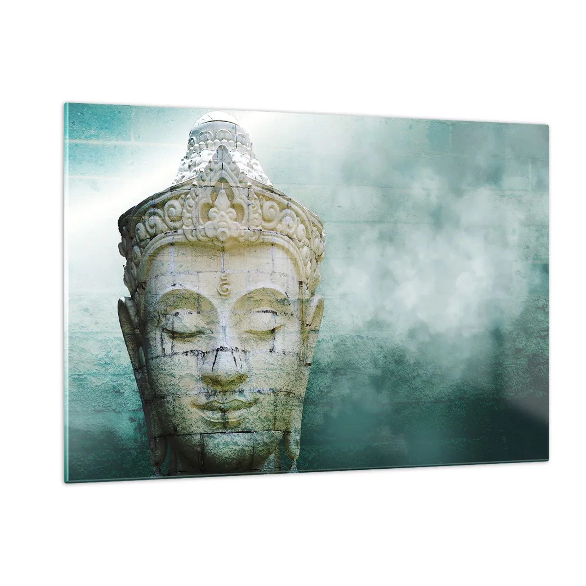 Glasbild - Bild auf glas - Buddha-Statue in mystischer Atmosphäre - 120x80cm - Auf der Suche nach dem Licht - Moderne Wanddekoration für Wohnzimmer und Schlafzimmer ARTTOR