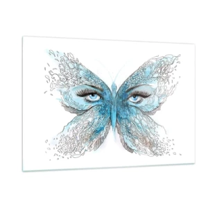 Glasbild - Bild auf glas - Ein Schmetterling mit blauen Flügeln und menschlichen Augen im künstlerischen Stil. - 120x80cm - Eros Blaumeise - Moderne Wanddekoration für Wohnzimmer und Schlafzimmer ARTTOR