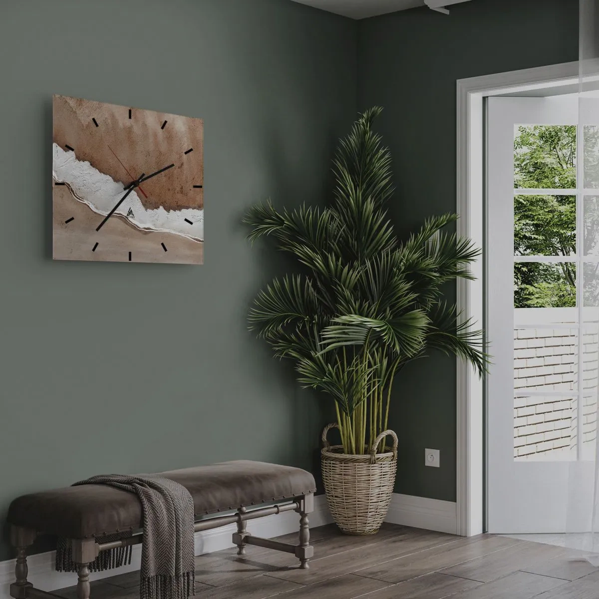 Wanduhr - Glasuhr - Sandstruktur mit weißen Akzenten - 30x30cm - In Farben der Erde - Moderne Wanddekoration für Wohnzimmer und Schlafzimmer ARTTOR