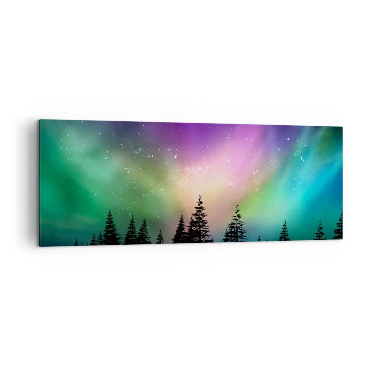 Bild auf Leinwand - Leinwandbild - Aurora Borealis über einem Wald mit Sternenhimmel - 140x50cm - weiße Magie - Moderne Wanddekoration für Wohnzimmer und Schlafzimmer ARTTOR