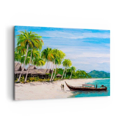 Bild auf Leinwand - Leinwandbild - Ein exotischer Strand mit Palmen und einem Boot am Ufer - 100x70cm - Exotischer Traum - Moderne Wanddekoration für Wohnzimmer und Schlafzimmer ARTTOR