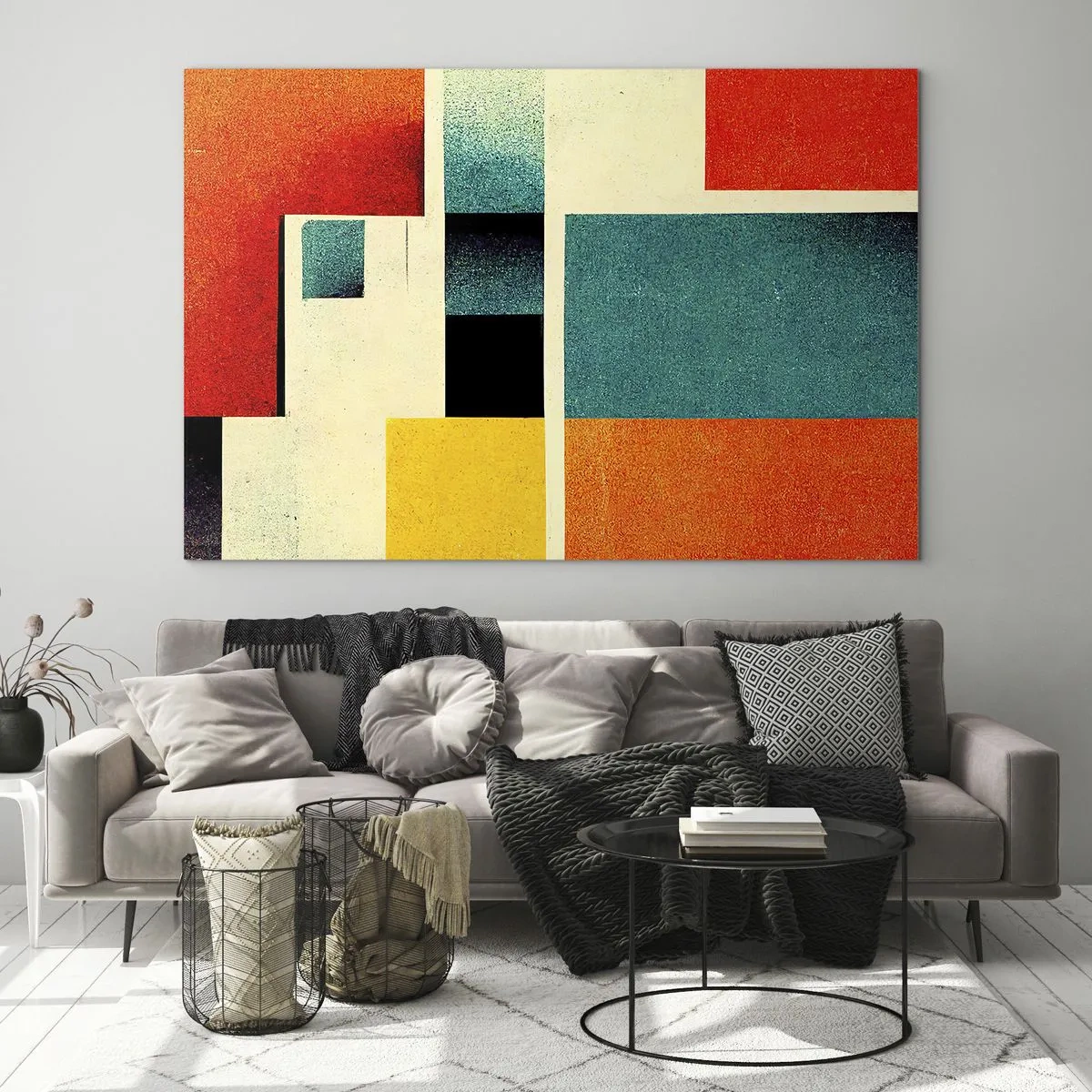 Glasbild - Bild auf glas - Bunte geometrische Rechtecke im Retro-Stil - 100x70cm - Geometrische Abstraktion – gute Energie - Moderne Wanddekoration für Wohnzimmer und Schlafzimmer ARTTOR