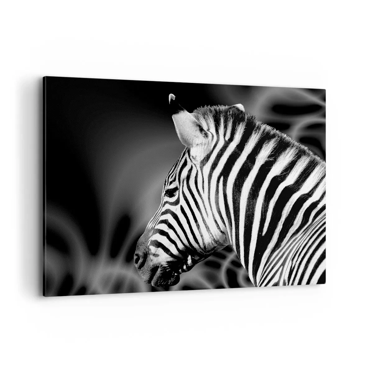 Bild auf Leinwand - Leinwandbild - Schwarz-Weiß-Porträt eines Zebras vor einem Hintergrund abstrakter Muster. - 120x80cm - Weiß ist weiß und schwarz ist schwarz - Moderne Wanddekoration für Wohnzimmer und Schlafzimmer ARTTOR