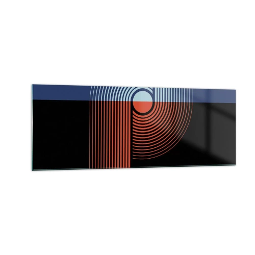 Glasbild - Bild auf glas - Geometrische Abstraktion mit Linien in Marineblau und Orange. - 140x50cm - In einer geometrischen Umarmung - Moderne Wanddekoration für Wohnzimmer und Schlafzimmer ARTTOR