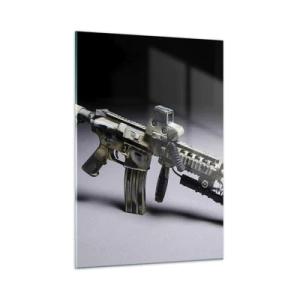 Glasbild - Bild auf glas - Ein modernes Gewehr auf dunklem Hintergrund mit industriellem Akzent - 50x70cm - Immer bedrohlich - Moderne Wanddekoration für Wohnzimmer und Schlafzimmer ARTTOR