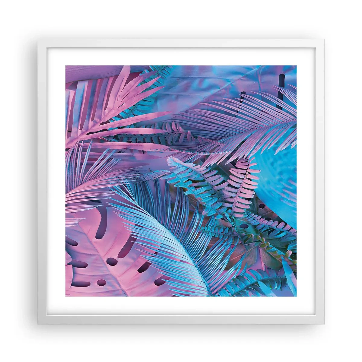 Poster in einem weißen Rahmen - Tropen in Rosa und Blau - 50x50 cm