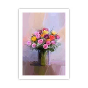 Poster - Ein Strauß Rosen und Blumen in einer Glasvase - 50x70cm - Festgehaltene Schönheit - Moderne Wanddekoration für Wohnzimmer und Schlafzimmer ARTTOR