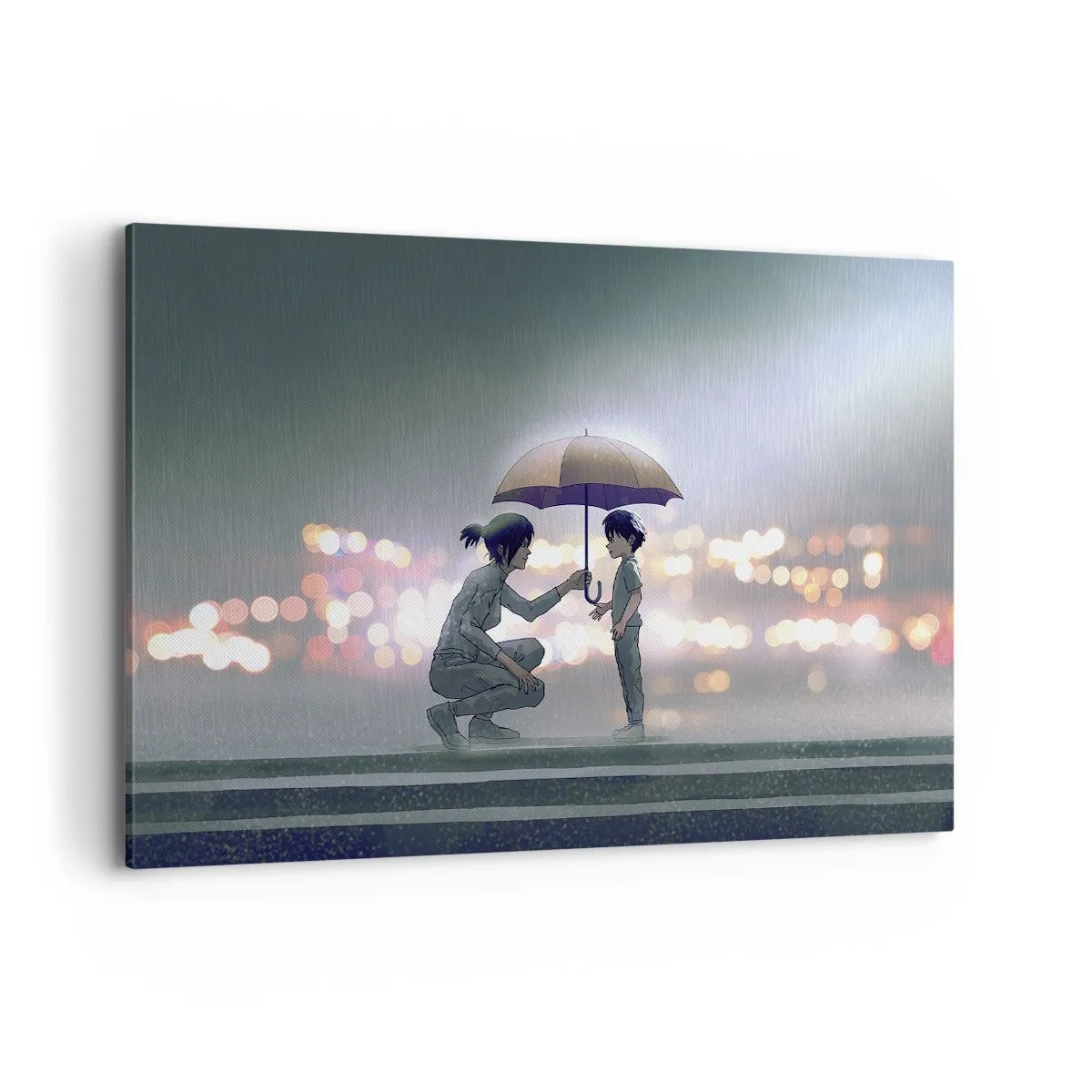 Bild auf Leinwand - Leinwandbild - Eine Figur mit einem Regenschirm schützt ein Kind vor dem Hintergrund nächtlicher Lichter. - 120x80cm - Und jetzt ist alles in Ordnung - Moderne Wanddekoration für Wohnzimmer und Schlafzimmer ARTTOR