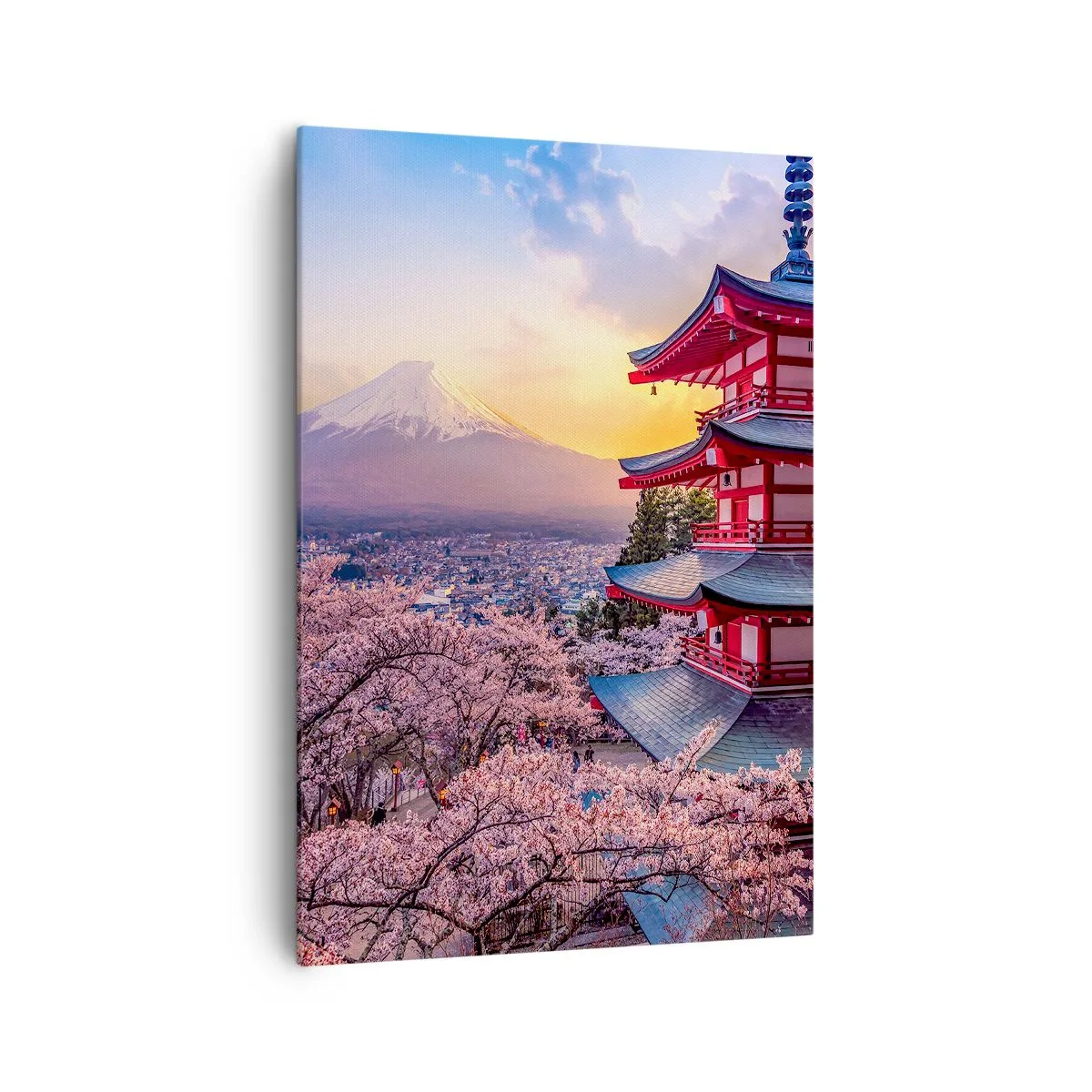 Bild auf Leinwand - Leinwandbild - Eine Pagode in Japan mit Kirschblüten und dem Berg Fuji - 70x100cm - Die Essenz des japanischen Geistes - Moderne Wanddekoration für Wohnzimmer und Schlafzimmer ARTTOR
