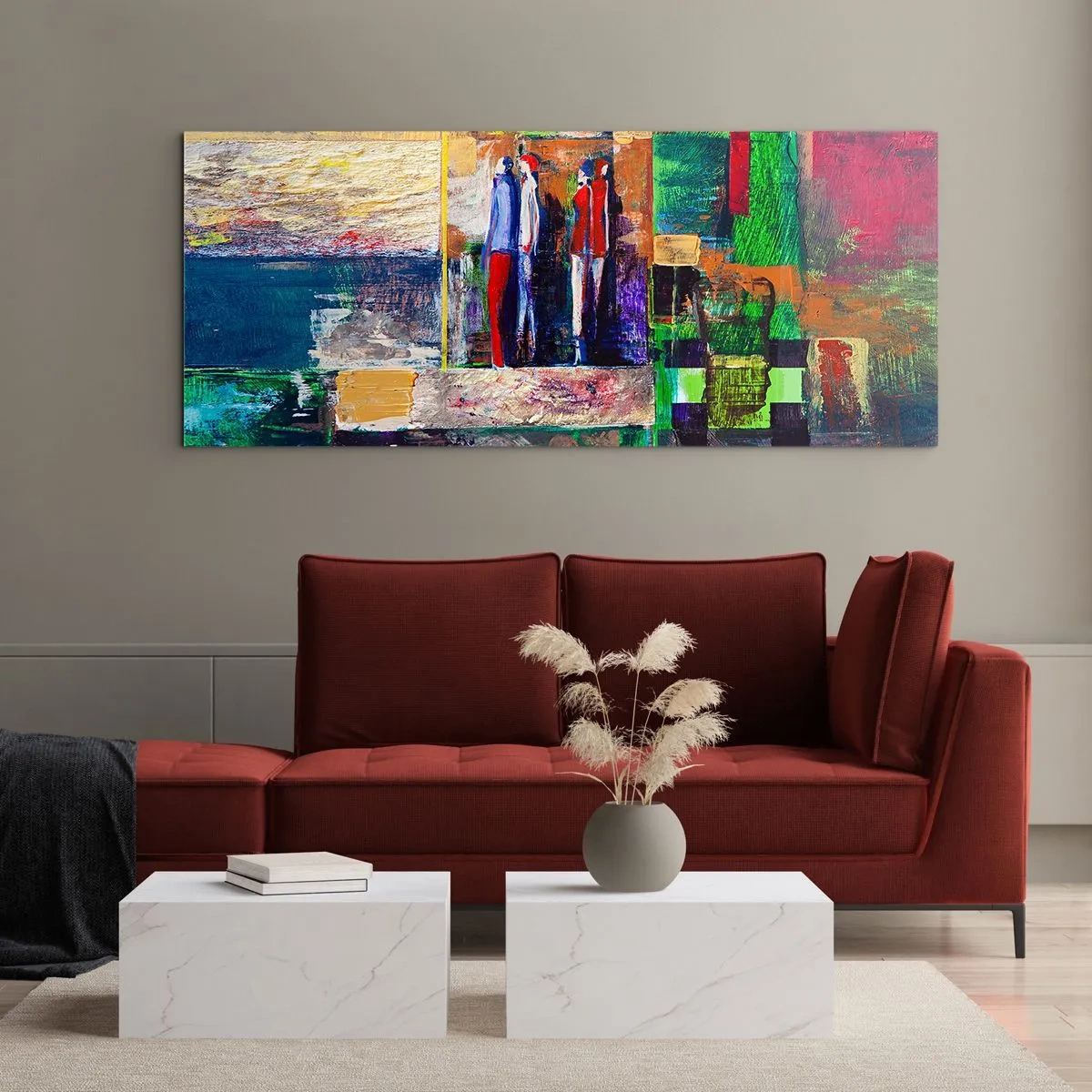 Glasbild - Bild auf glas - Abstrakte Komposition mit Figuren und geometrischen Mustern - 140x50cm - Beziehungen und Emotionen - Moderne Wanddekoration für Wohnzimmer und Schlafzimmer ARTTOR