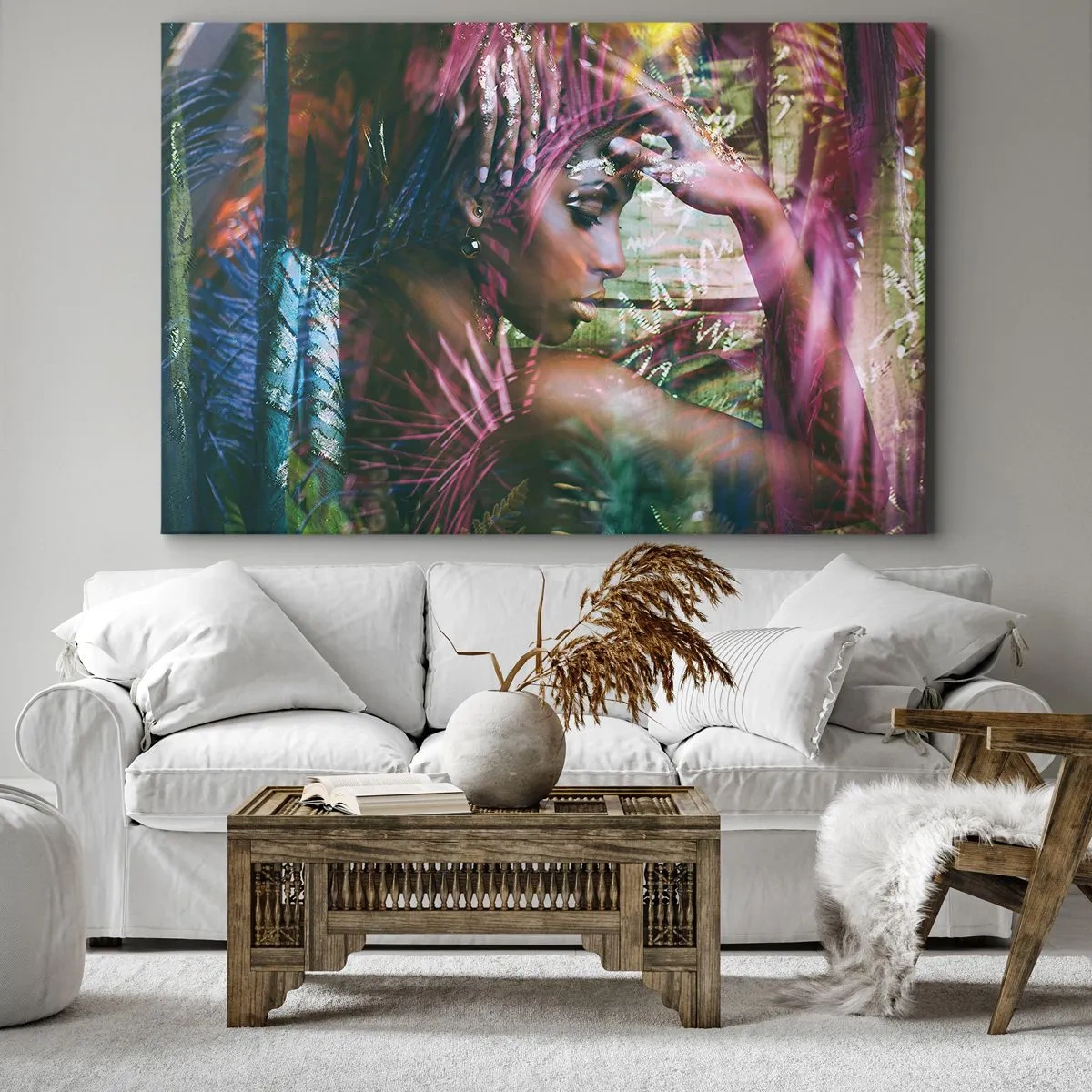 Bild auf Leinwand - Leinwandbild - Porträt einer Frau, umgeben von exotischer Vegetation - 120x80cm - Mutter Natur im Dschungel - Moderne Wanddekoration für Wohnzimmer und Schlafzimmer ARTTOR