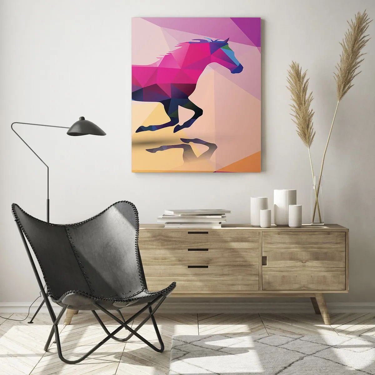 Glasbild - Bild auf glas - Geometrische Silhouette eines galoppierenden Pferdes in leuchtenden Farben - 80x120cm - Kubismus lebt noch - Moderne Wanddekoration für Wohnzimmer und Schlafzimmer ARTTOR