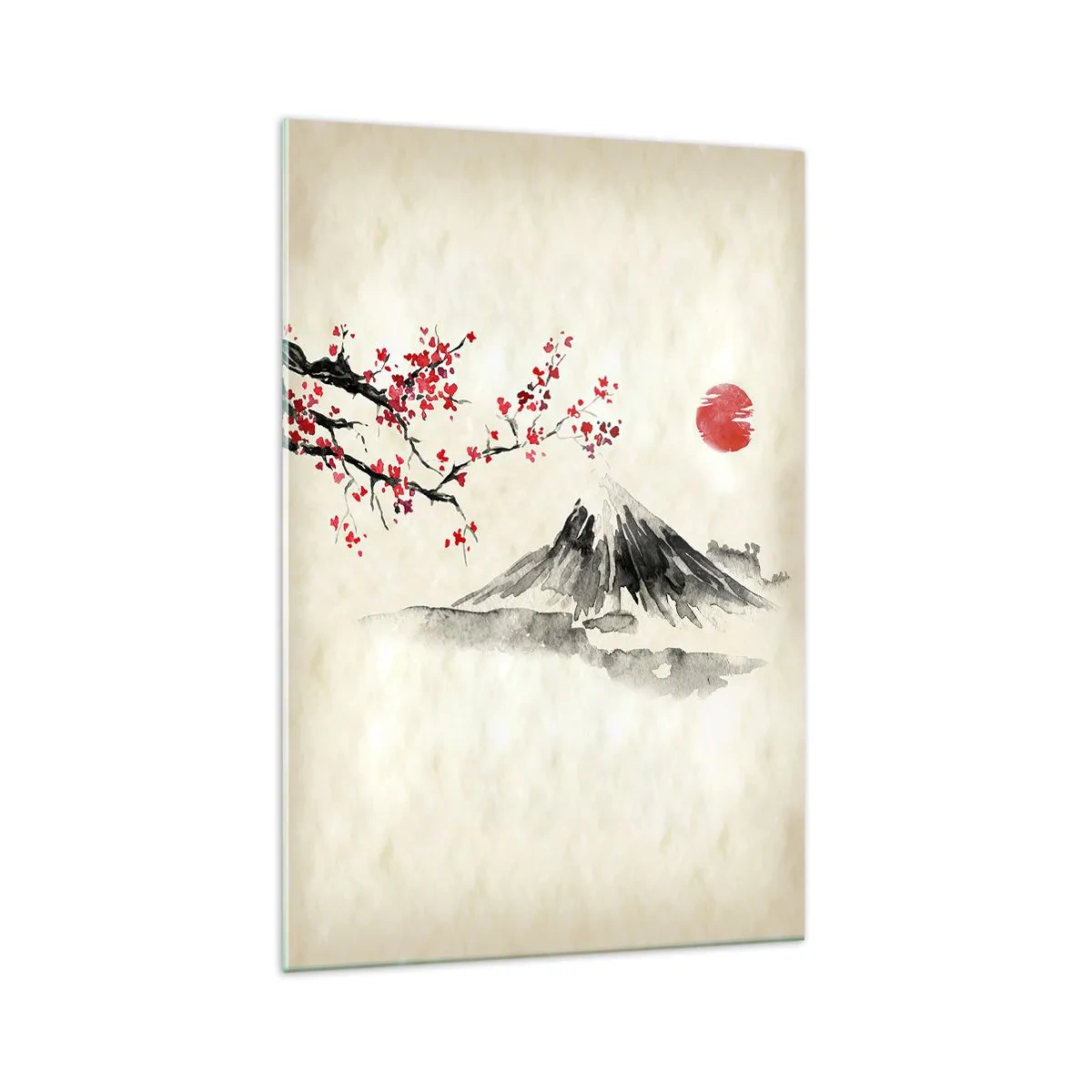 Glasbild - Bild auf glas - Eine malerische Landschaft mit einem Berg, Kirschblüten und Sonnenschein - 70x100cm - Liebe Japan - Moderne Wanddekoration für Wohnzimmer und Schlafzimmer ARTTOR