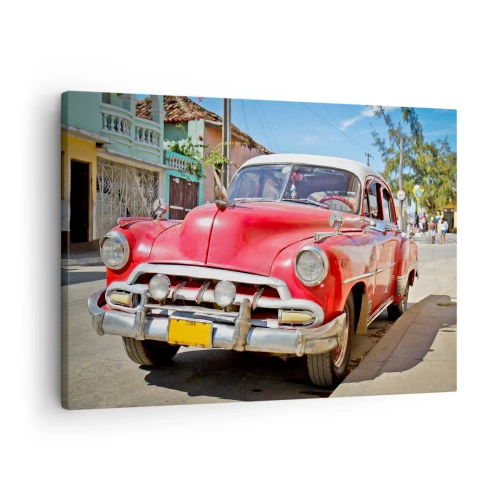 Bild auf Leinwand - Leinwandbild - Ein roter Oldtimer, der an einem sonnigen Tag auf der Straße geparkt ist - 70x50cm - Nur in Kuba - Moderne Wanddekoration für Wohnzimmer und Schlafzimmer ARTTOR