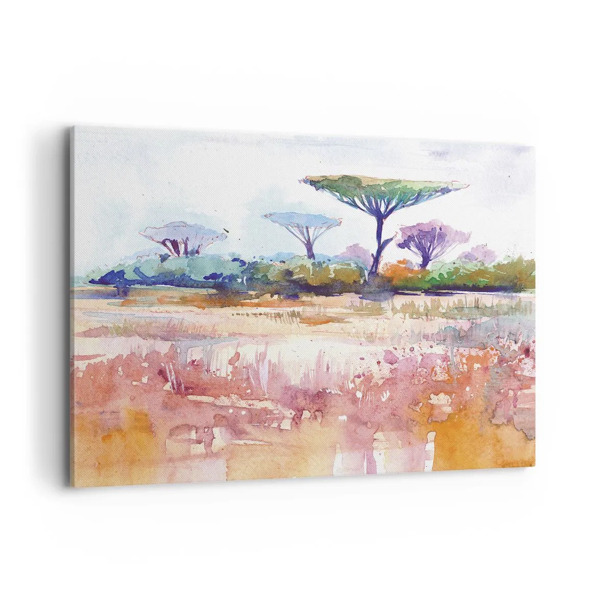 Bild auf Leinwand - Leinwandbild - Eine malerische Savannenlandschaft in Aquarellfarben - 100x70cm - Savannah-Farben - Moderne Wanddekoration für Wohnzimmer und Schlafzimmer ARTTOR