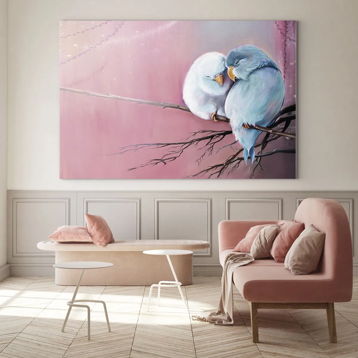 Glasbild - Bild auf glas - Zwei Turteltauben sitzen auf einem Ast vor einem rosa Hintergrund - 70x50cm - Was kann ich hier hinzufügen? ... - Moderne Wanddekoration für Wohnzimmer und Schlafzimmer ARTTOR