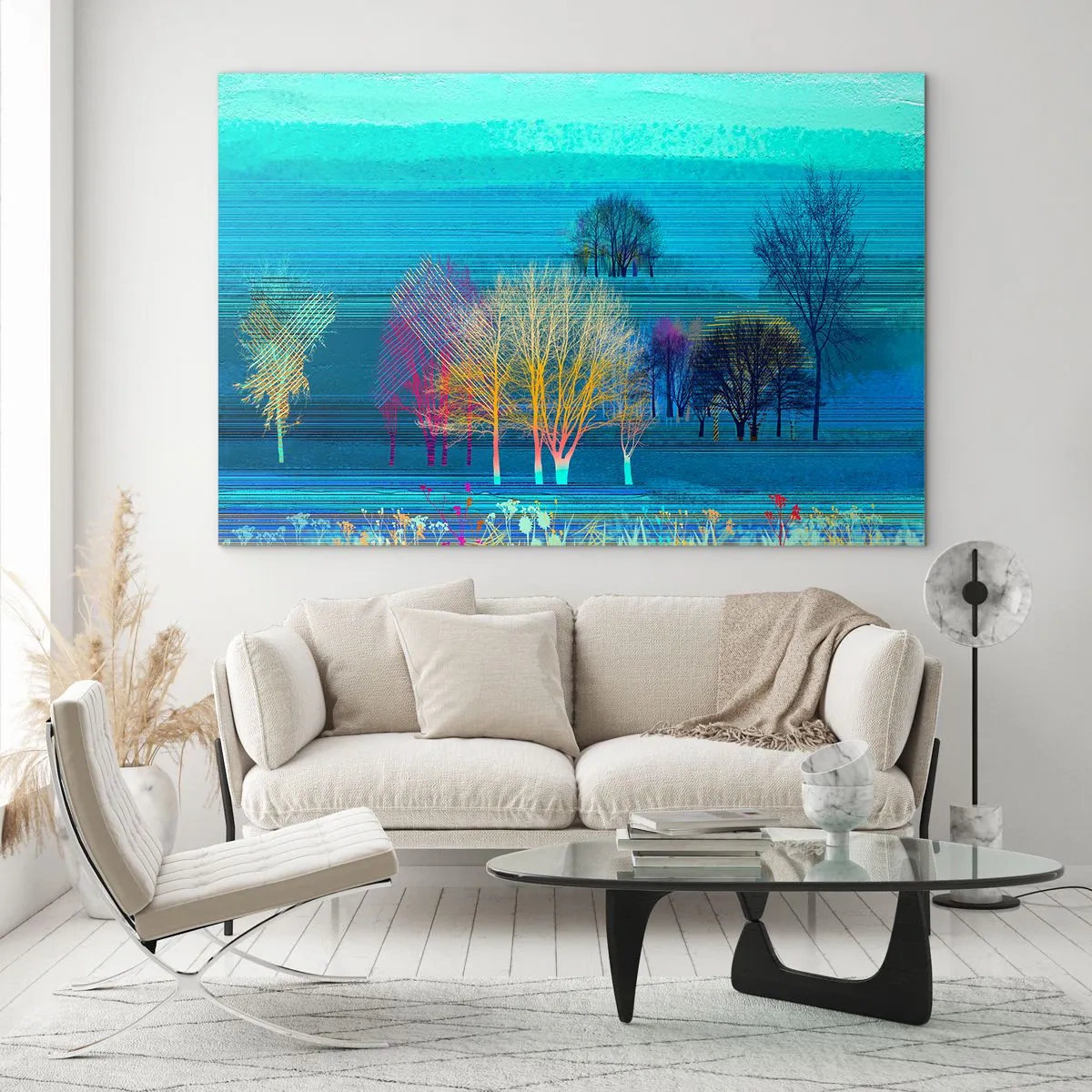 Glasbild - Bild auf glas - Eine farbenfrohe Landschaft mit Bäumen vor einem Hintergrund in Blautönen - 70x50cm - Eine gekämmte Landschaft - Moderne Wanddekoration für Wohnzimmer und Schlafzimmer ARTTOR