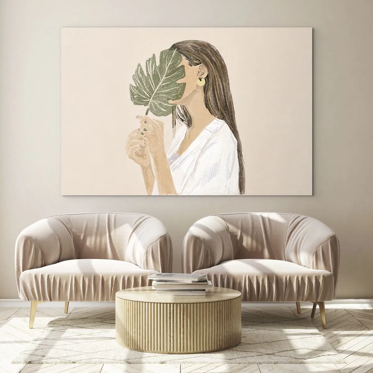 Glasbild - Bild auf glas - Eine Frau mit langen Haaren hält ein Blatt vor ihr Gesicht. - 70x50cm - Geheimnisvolles Porträt mit Fächer - Moderne Wanddekoration für Wohnzimmer und Schlafzimmer ARTTOR