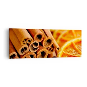 Bild auf Leinwand - Leinwandbild - Zimtstangen mit getrockneten Orangenscheiben in warmen Farben - 140x50cm - Kannst du ihr Aroma riechen? - Moderne Wanddekoration für Wohnzimmer und Schlafzimmer ARTTOR