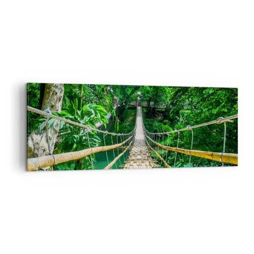 Bild auf Leinwand - Leinwandbild - Eine hängende Bambusbrücke, umgeben von Grün - 140x50cm - Monkey Bridge über das Grün - Moderne Wanddekoration für Wohnzimmer und Schlafzimmer ARTTOR