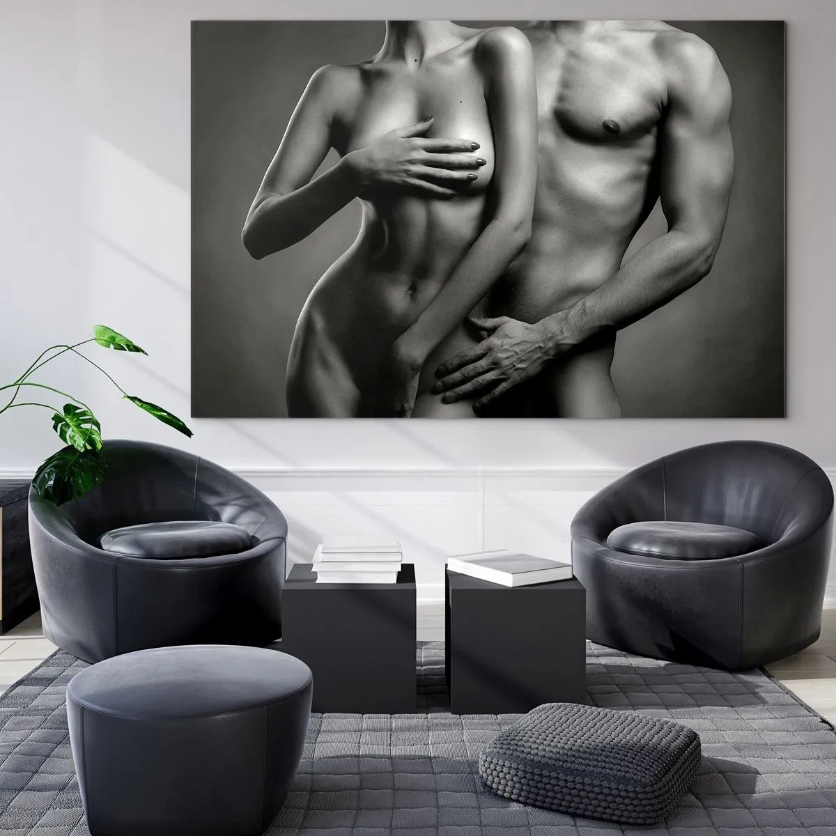 Glasbild - Bild auf glas - Schwarz-Weiß-Komposition mit nackten Silhouetten eines Paares - 70x50cm - Adam und Ewa - Moderne Wanddekoration für Wohnzimmer und Schlafzimmer ARTTOR